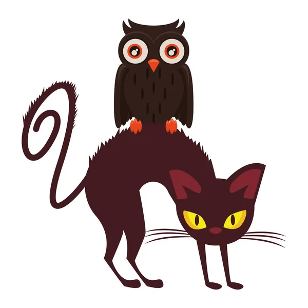 Halloween búho pájaro con gato — Archivo Imágenes Vectoriales