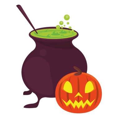 Cadılar bayramı balkabağı ve cadı kazanı