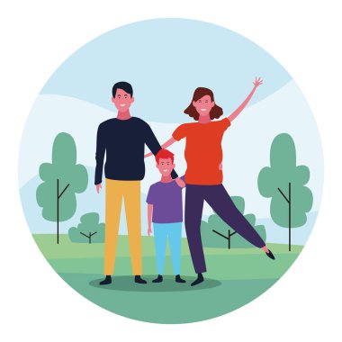 Mutlu aile oğluyla, renkli tasarım.