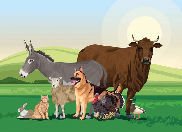 Group of animals farm in the landscape scene — 스톡 벡터