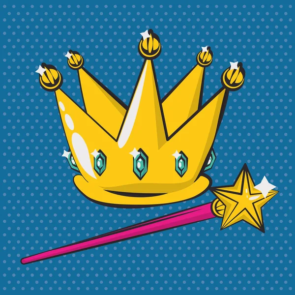 Poster pop art style with crown and wand — Stock vektor