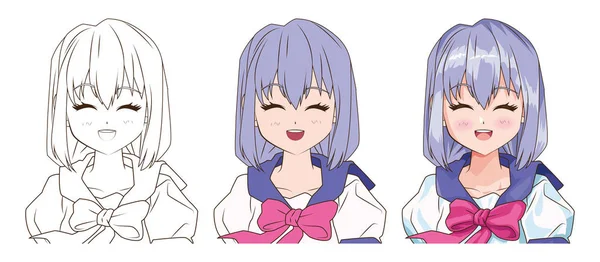 Proceso de dibujo de la mujer joven personaje de estilo anime — Vector de stock