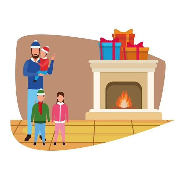 Avatar homme avec enfants et boîtes de Noël, Joyeux Noël design — Image vectorielle