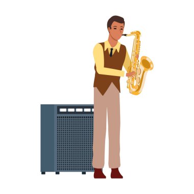 ses yükseltici ve saksafon ikonuna sahip çizgi film müzisyeni