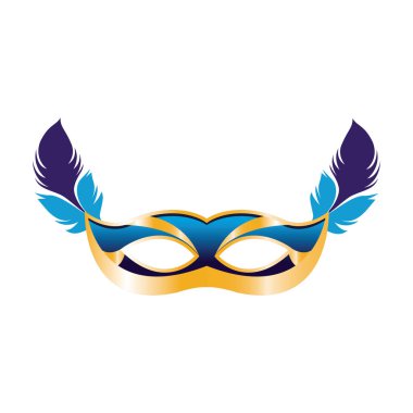 Beyaz arka planda tüyleri olan karnaval maskesi