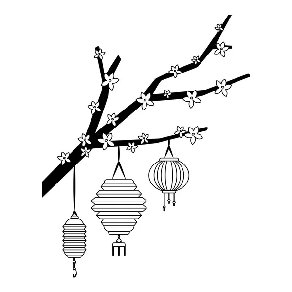 Blomma träd gren med kinesiska lyktor ikon — Stock vektor