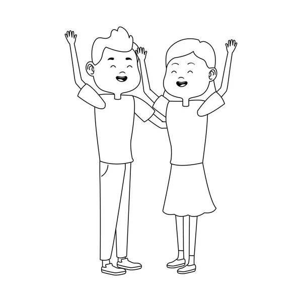 Dessin animé adolescent couple avec bras levés, design plat — Image vectorielle
