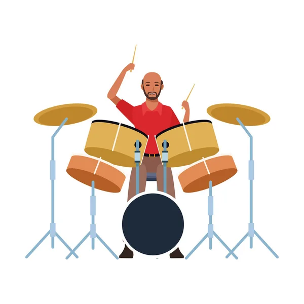 Musician playing drums set, colorful flat design — Stock Vector