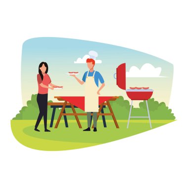 Avatar kadın ve erkek bir bbq ızgarasında yemek pişiriyor, renkli bir tasarım.