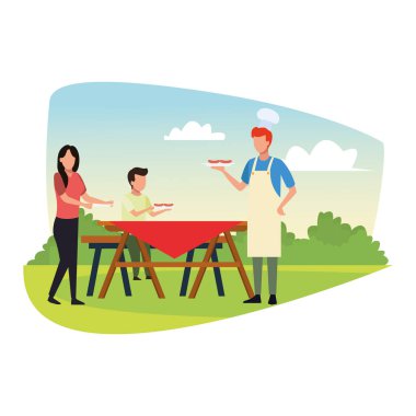 Piknik masasındaki Avatar ailesi, renkli tasarım.