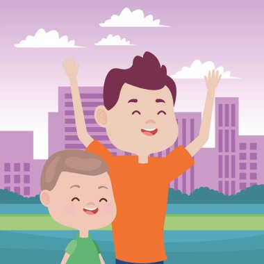 Genç baba ve oğlu şehirde.