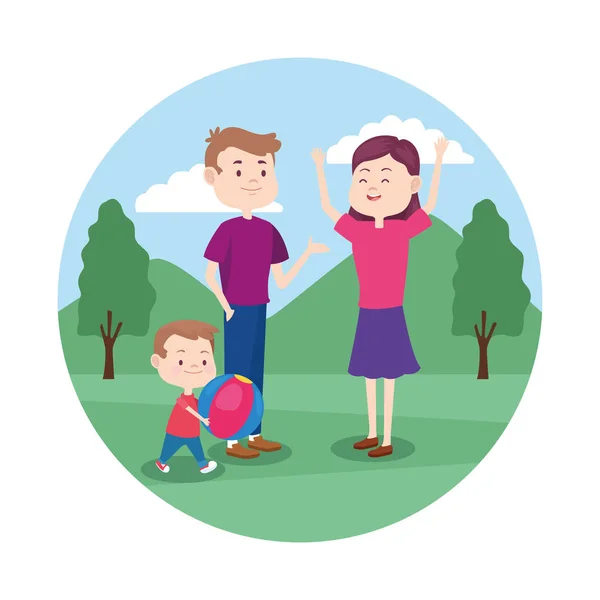 Lycklig familj leker med sitt lilla barn i parken — Stock vektor