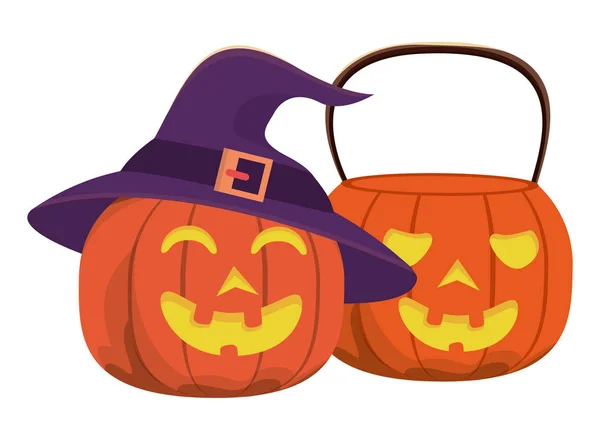 Хэллоуин тыквы с лицами и ведьмы шляпы — стоковый вектор