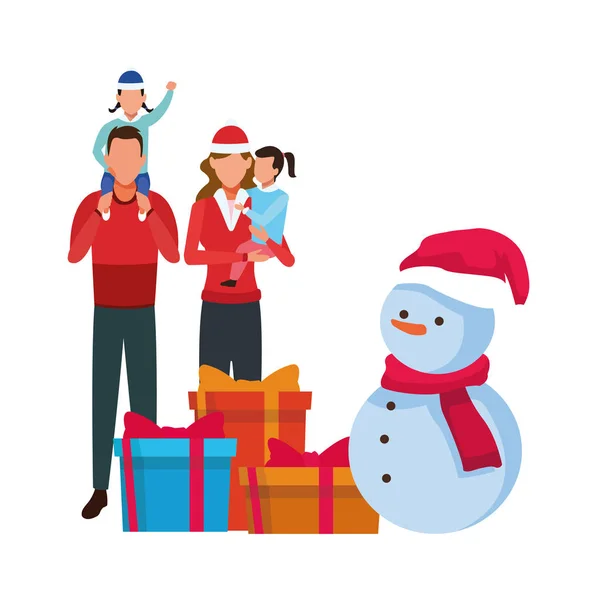 Noel ailesi ve kardan adam tasarımı — Stok Vektör