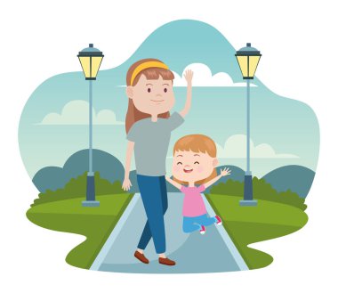 Parktaki güzel anne ve kız.