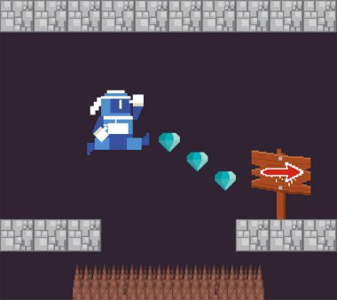 Pikselli sahnede zıplayan video oyunu savaşçısı