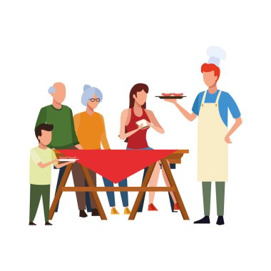 Piknik masası ikonunda mutlu aile, düz tasarım