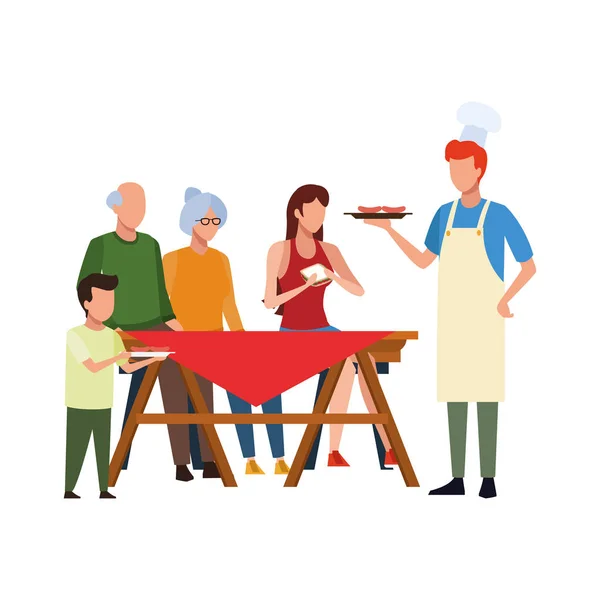 Happy family at picnic table icon, flat design — 스톡 벡터