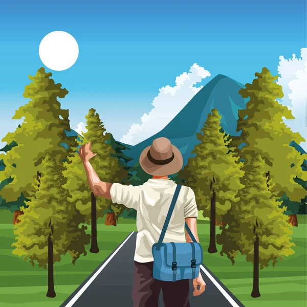 Schöner Weg mit Naturbäumen und Bergen und reisender Mann mit Hut und Tasche — Stockvektor