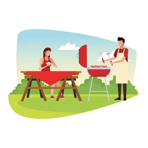 Kadın ve erkek piknikte ve bbq — Stok Vektör