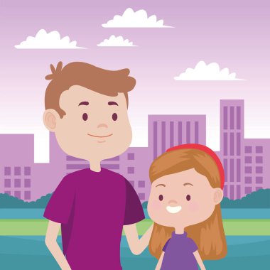 Genç baba ve kızı şehirde.