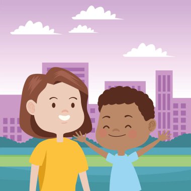 Güzel anne ve oğul şehirde.