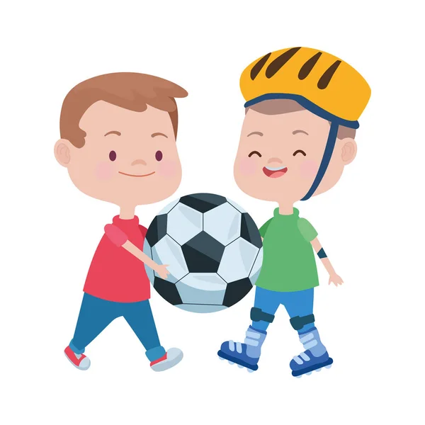 Meninos bonitos jogando futebol e patins personagens — Vetor de Stock