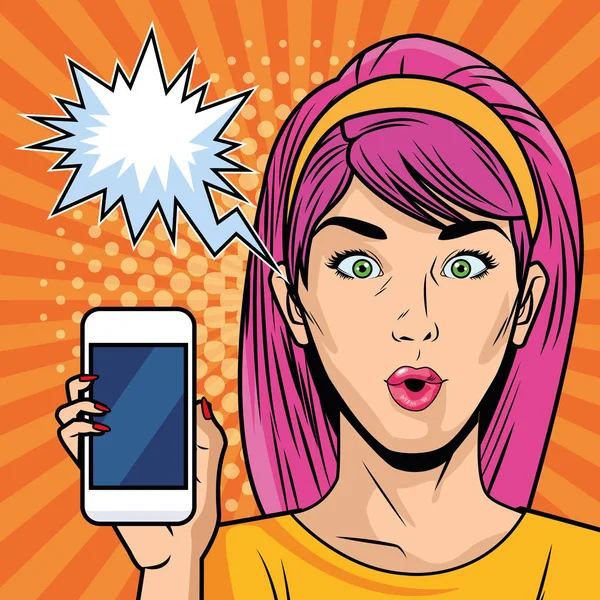 Jeune fille avec smartphone style pop art personnage — Image vectorielle