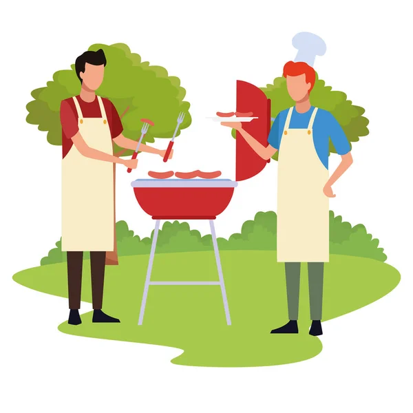 Avatar homens cozinhar em uma churrasqueira ao ar livre — Vetor de Stock