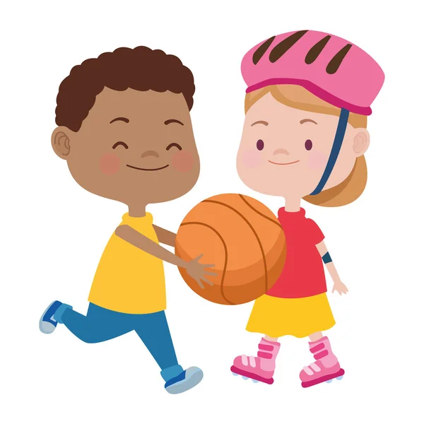 Lindos niños pequeños jugando baloncesto y patines personajes — Vector de stock