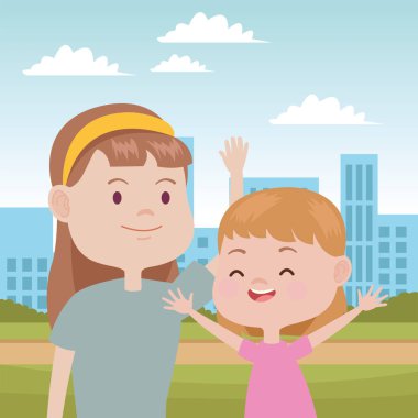 Şehirde güzel bir anne ve kız var.