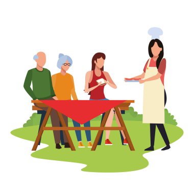 Piknik masasında avatar arkadaşları, renkli tasarım