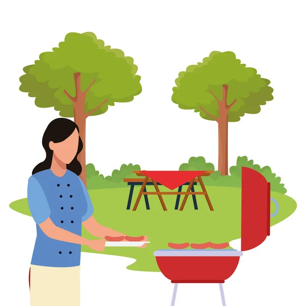 Mujer avatar en parrilla barbacoa, diseño colorido — Vector de stock