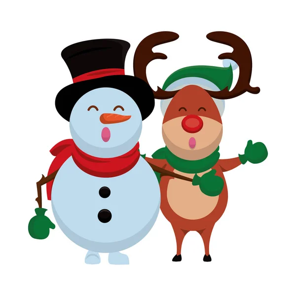 Happy merry christmas reindeer and snowman — Stock Vector