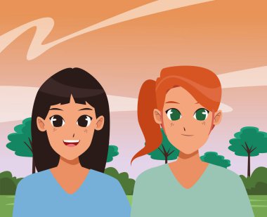 İki genç kadın arkadaş gülümseyen karikatürler