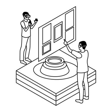 siyah beyaz sanal gerçeklik teknolojisi deneyimi karikatür