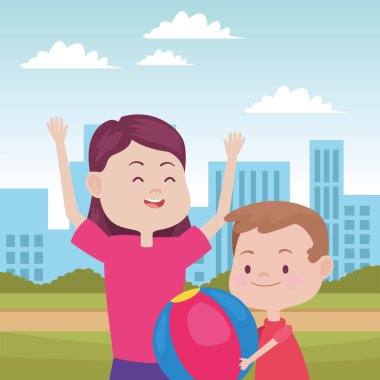 Güzel anne ve oğul şehirde.