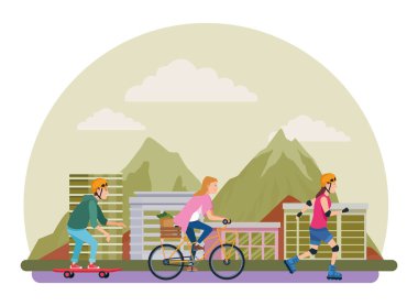 Sakteboard, paten ve bisiklet ile genç peple