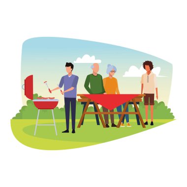 bbq ve piknik yapan avatar arkadaşlar, renkli tasarım