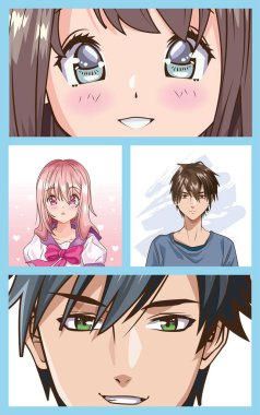 group of faces young people anime style characters