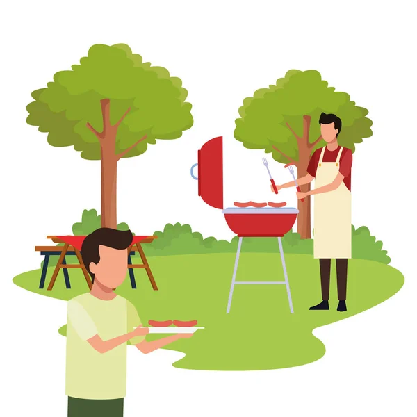 Avatar man and boy in a bbq grill and picnic — 스톡 벡터