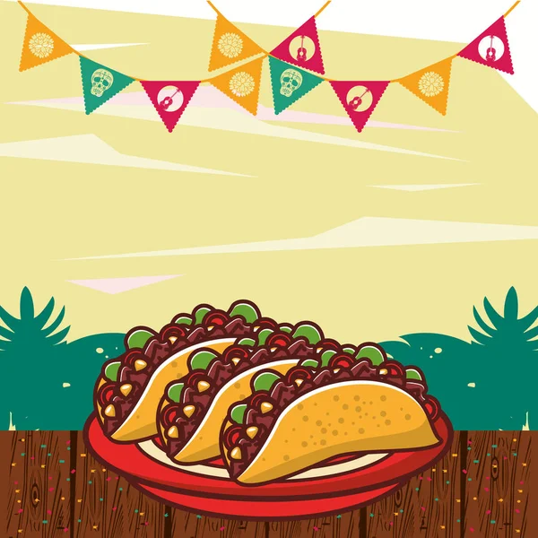 Taco lezat Meksiko makanan dengan karangan bunga - Stok Vektor