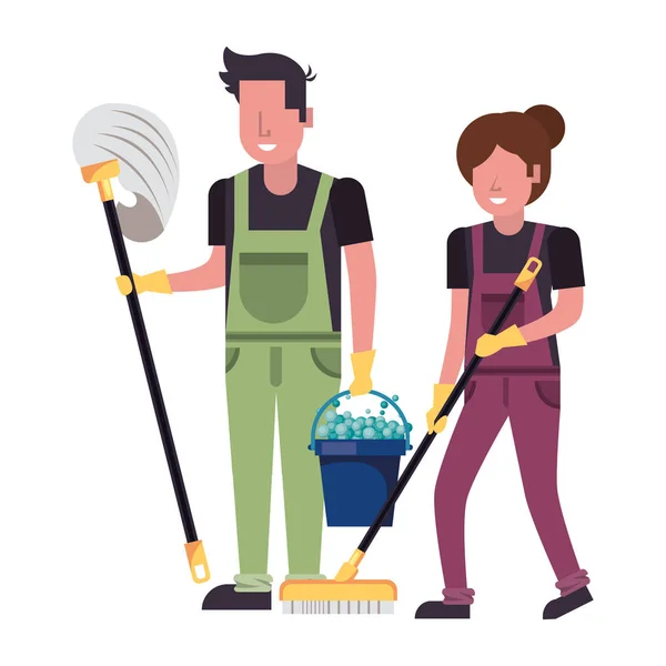 Housekepping workers couple with equipment characters — 스톡 벡터