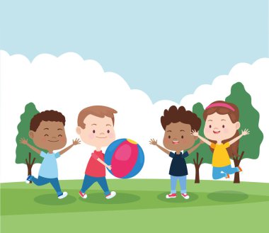 çizgi film mutlu çocuklar parkta oynuyor, renkli tasarım.