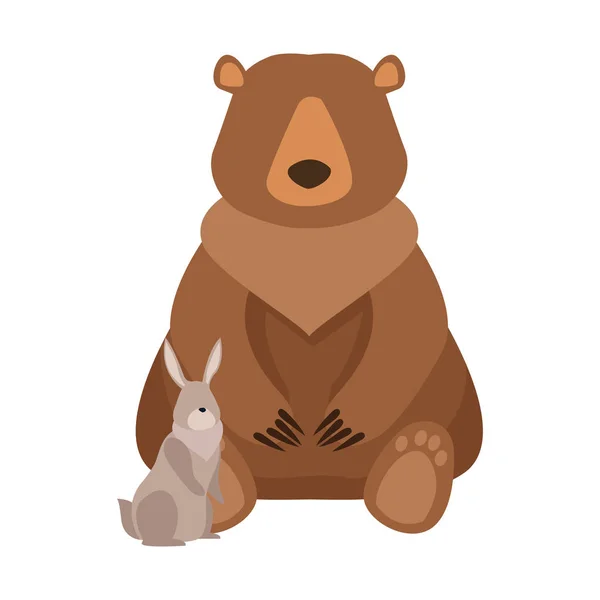 Dessin animé ours sauvage et lapin, dessin plat — Image vectorielle
