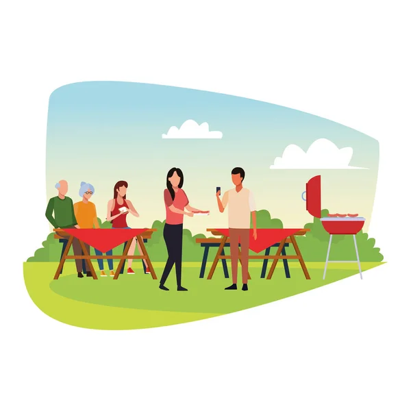 Avatar vrienden een familie genieten van een bbq en picknick — Stockvector