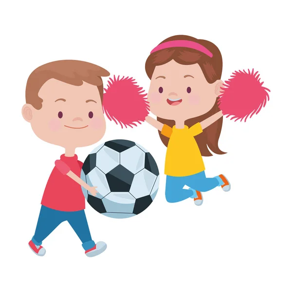 Lindo niños jugando animadora y fútbol — Vector de stock