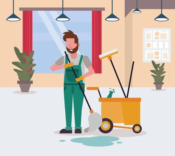 Hombre trabajador en housekepping con fregona — Vector de stock