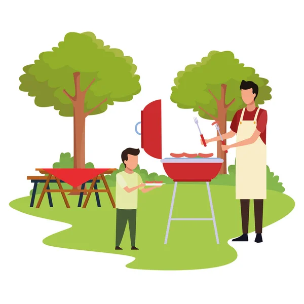 Avatar chico y hombre en una barbacoa parrilla — Vector de stock