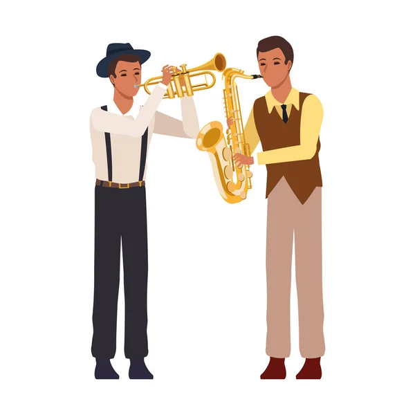 Saxofonista y trompetista de dibujos animados, diseño plano — Vector de stock